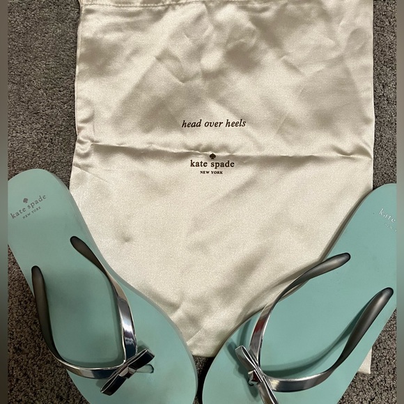 Kate Spade Happily Flip Flops Light Blue Eva Silver Bow Sz 7 - Picture 11 of 11